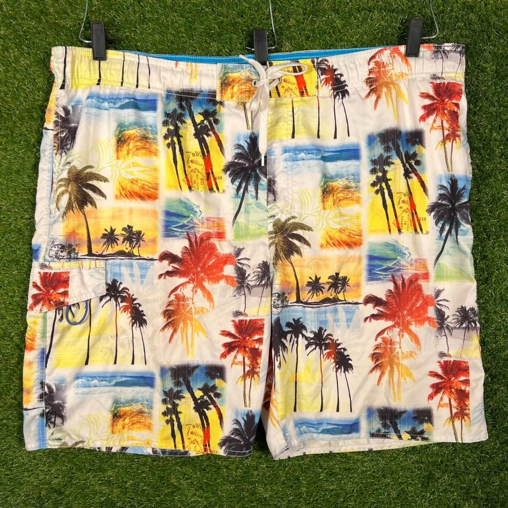 Newport Blue Mens‎ XL Swim Trunks Tropical Palm Tree Postcard Board Shorts 2646